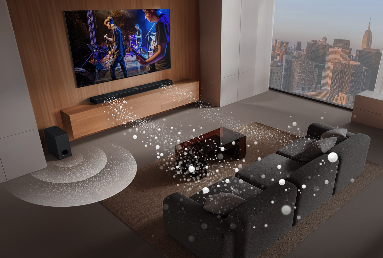 A image of TV playing with LG Soundbar showing the HD Music Streaming	