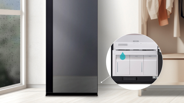 LG Styler collecting up to 10 litres of moisture from the room without opening the door.	