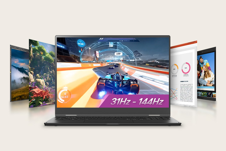 An animation shows a laptop displaying an racing game of car scene on its screen with a highlighted text '31Hz - 144Hz,' surrounded by additional screens featuring diverse visuals. This setup emphasises gaming and multimedia versatility with a variable refresh rate.