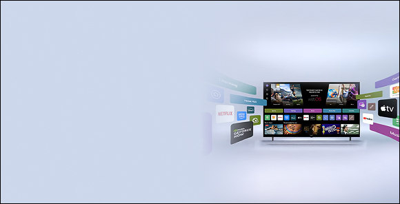 LG Smart TV displaying webOS home screen with entertainment apps and LG Channels UI elements dynamically expanding outward, highlighting 4,000+ global apps and channels.