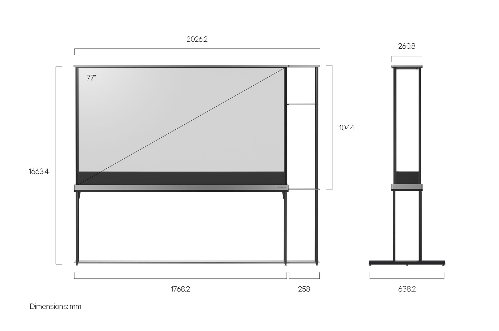 Front view of the LG SIGNATURE OLED T with an attached modular shelving unit and a side view of the LG SIGNATURE OLED T showing dimensions.