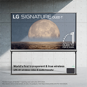Front view of LG SIGNATURE OLED T, 12 years of world number 1 OLED Emblem, LG SIGNATURE OLED T logo, both embedded above the background depicting a moon above shore on a transparent screen. Zero Connect Box with 4K 120Hz wireless video & audio transfer connected to the TV, and a Wi-Fi signal coming out of the box.