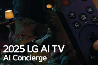 Title is seen, 2025 LG AI TV, Al Concierge. LG Al Magic Remote is visible. A man is seated on the couch.	