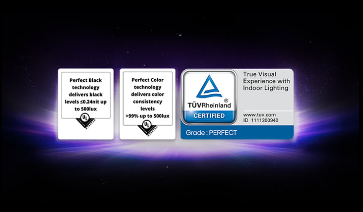 UL-verified and TÜV-certified logos shown for Perfect Black and Perfect Colour display features.