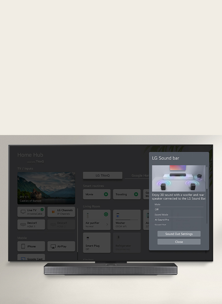 LG Soundbar is below an LG OLED TV. On the TV screen is the UI for the soundbar and TV volume controls. 