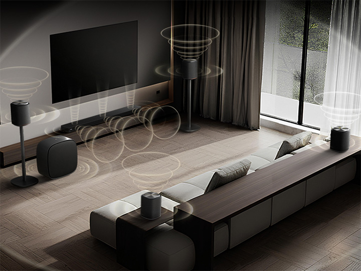 LG OLED evo AI C5 featuring Sound Suite with DAFC (Dolby Atmos FlexConnect) shows a wide room with different kinds of speakers placed around the room showing how flexible and customizable Sound Suite can be.