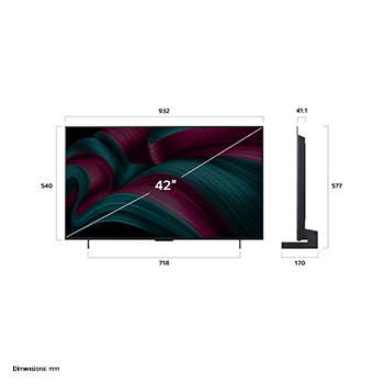 Front view and side view of LG OLED evo AI C5 4K Smart TV showing its length, width, height, and depth dimensions.