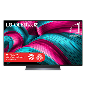 Front view of LG OLED evo AI C5 4K Smart TV. 12 Years of world number 1 OLED emblem and LG OLED evo AI 2025 logo are on the screen.