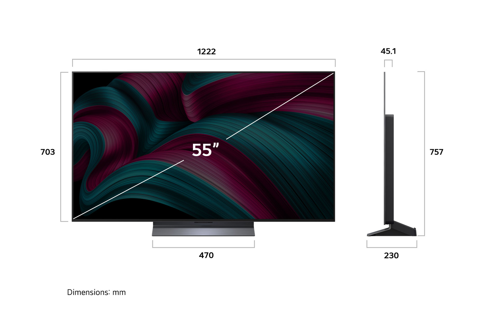 Front view and side view of LG OLED evo AI C5 4K Smart TV showing its length, width, height, and depth dimensions.