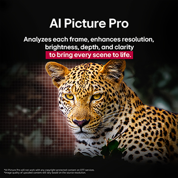 Leopard in the forest in vivid colour and detail. The leopard has a grid and a light glowing behind it, indicating how LG AI Picture Pro made impressive visual enhancements to the scene's resolution, brightness, depth, and clarity.