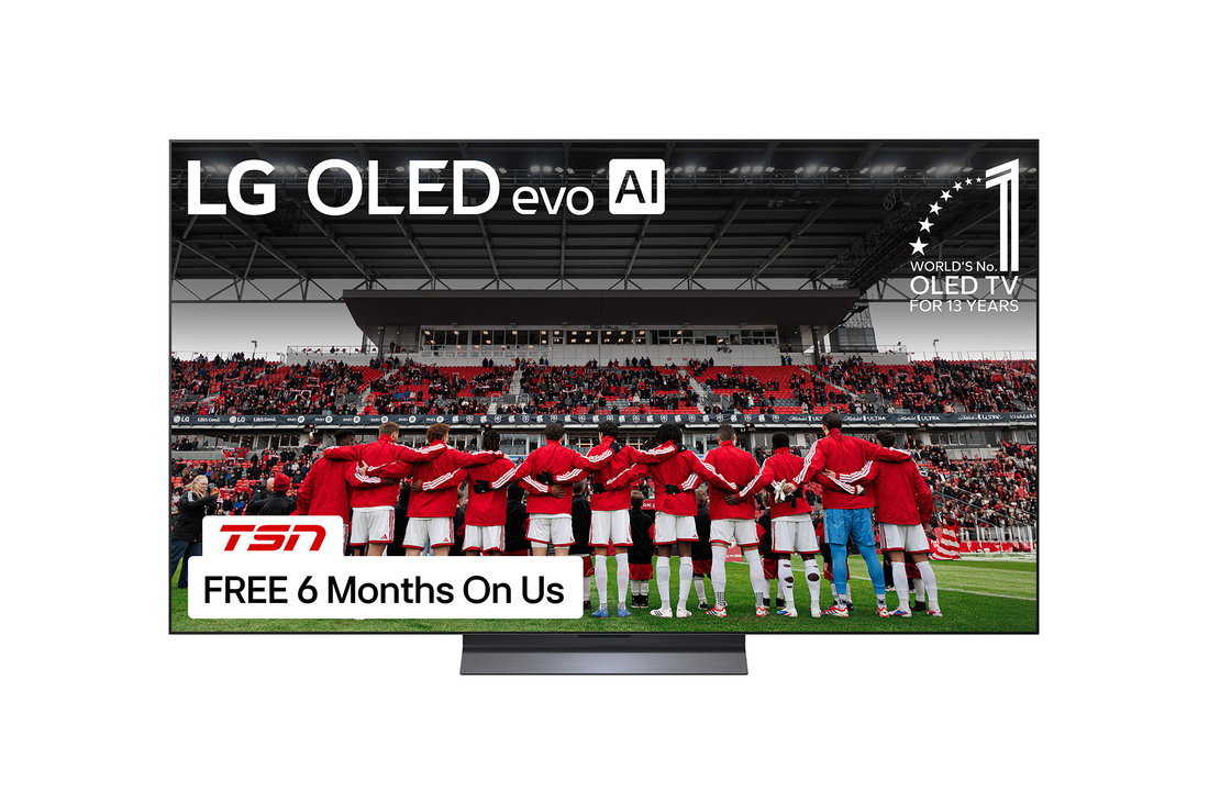 Front view of LG OLED evo AI C5 4K Smart TV. 12 Years of world number 1 OLED emblem and LG OLED evo AI 2025 logo are on the screen.