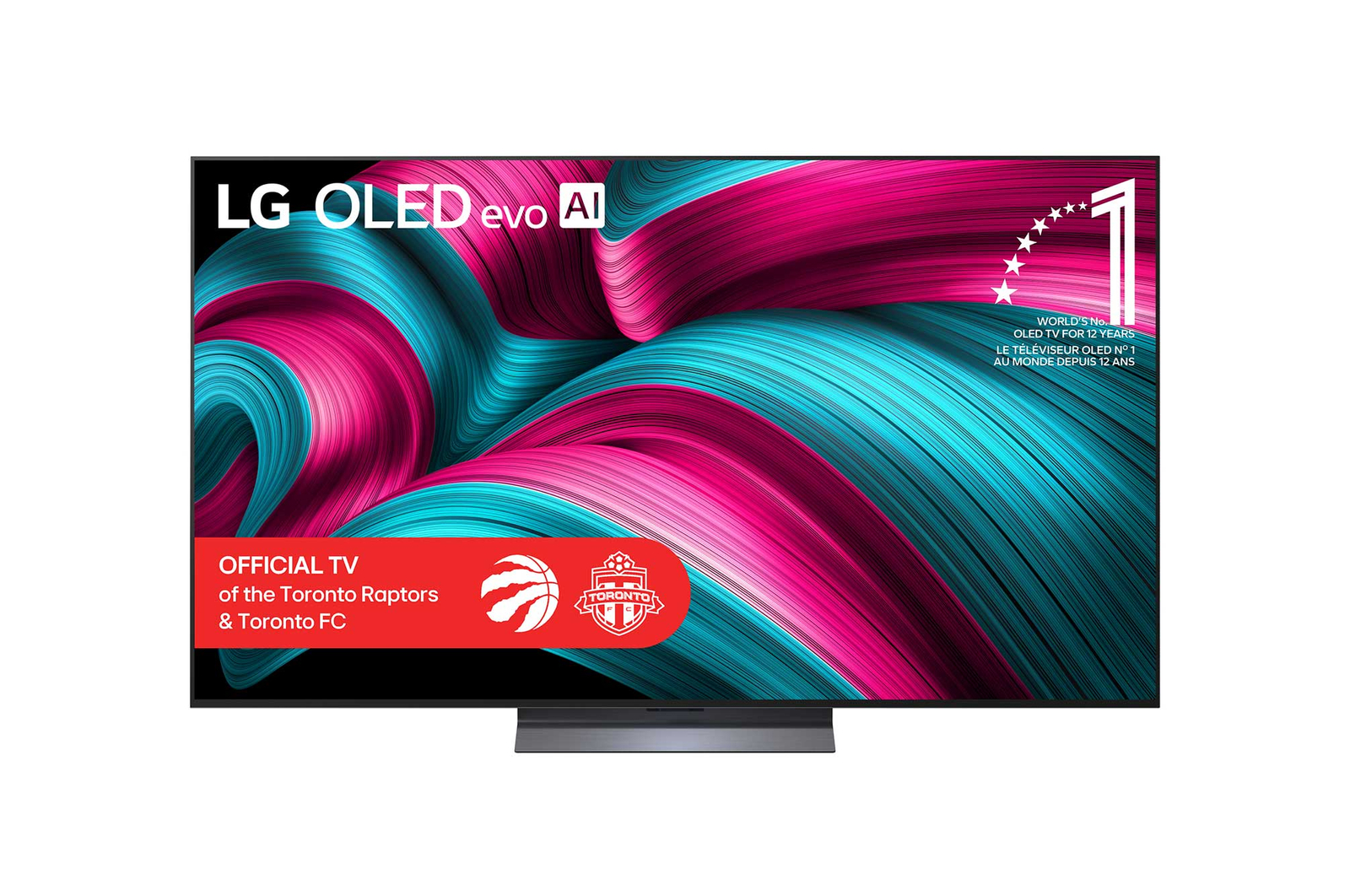 Front view of LG OLED evo AI C5 4K Smart TV. 12 Years of world number 1 OLED emblem and LG OLED evo AI 2025 logo are on the screen.