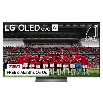 Front view of LG OLED evo AI C5 4K Smart TV. 12 Years of world number 1 OLED emblem and LG OLED evo AI 2025 logo are on the screen.