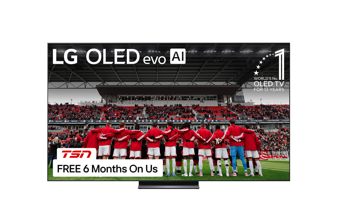 Front view of LG OLED evo AI C5 4K Smart TV. 12 Years of world number 1 OLED emblem and LG OLED evo AI 2025 logo are on the screen.