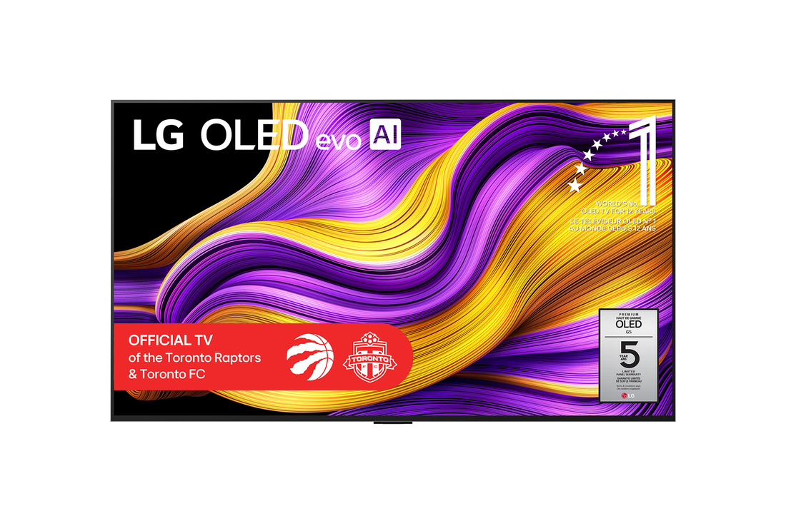 Front view of LG OLED evo AI G5 4K Smart TV. 12 Years of world number 1 OLED emblem and LG OLED evo AI 2025 logo are on the screen.