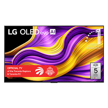 Front view of LG OLED evo AI G5 4K Smart TV. 12 Years of world number 1 OLED emblem and LG OLED evo AI 2025 logo are on the screen.