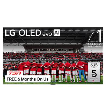 Front view of LG OLED evo AI G5 4K Smart TV. 12 Years of world number 1 OLED emblem and LG OLED evo AI 2025 logo are on the screen.