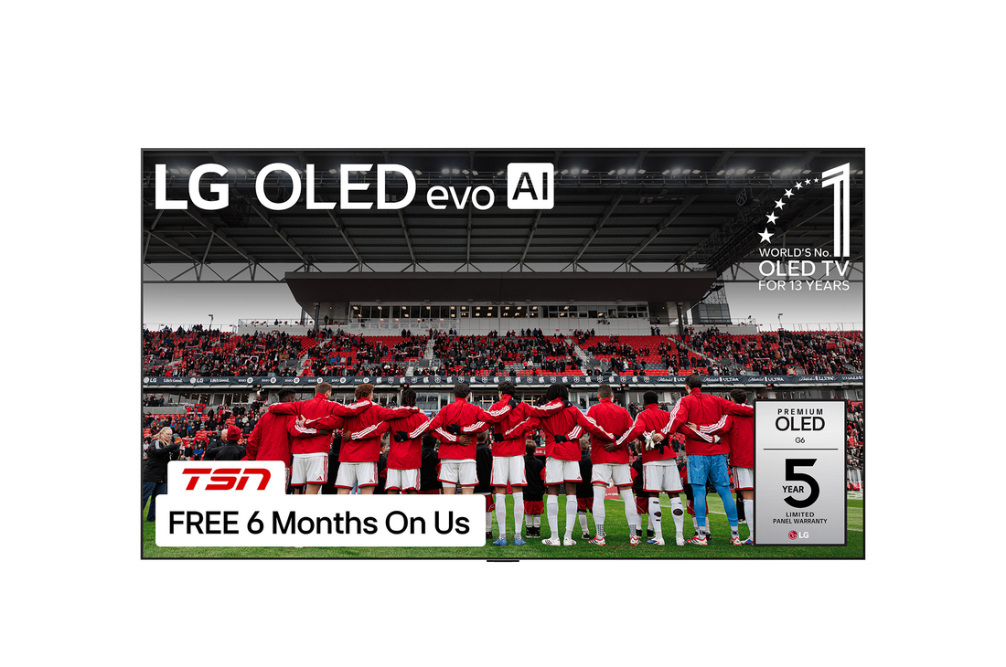 Front view of LG OLED evo AI G5 4K Smart TV. 12 Years of world number 1 OLED emblem and LG OLED evo AI 2025 logo are on the screen.