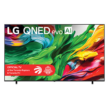 Front view of LG QNED evo QNED85 TV, LG QNED evo Al Logo on the top corner. LG QNED evo QNED85 TV depicts colorful paintike textures coming together.