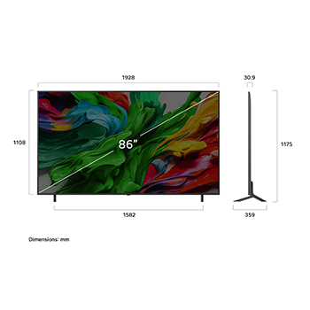 Front view and side view of LG QNED evo AI QNED85 4K Smart TV showing its length, width, height, and depth dimensions.