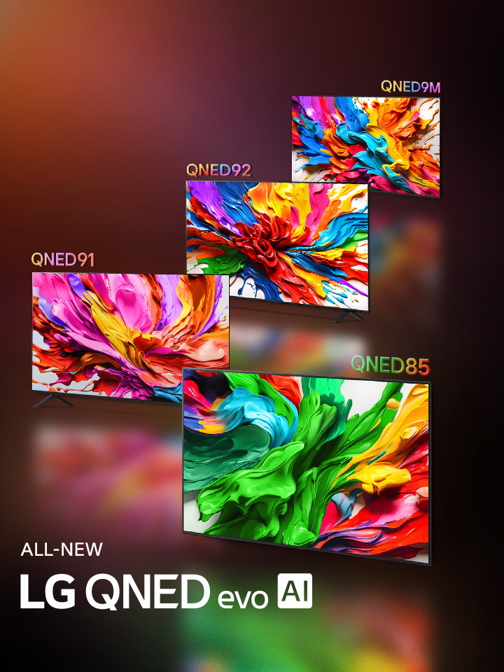 LG TVs with colourful artwork that highlight the new vivid and vibrant colour reproduction technology of LG QNED are on their screens. ALL NEW LG QNED evo AI logo is also present.