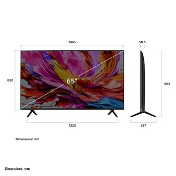 Front view and side view of LG QNED evo AI qned91 4K Smart TV showing its length, width, height, and depth dimensions.