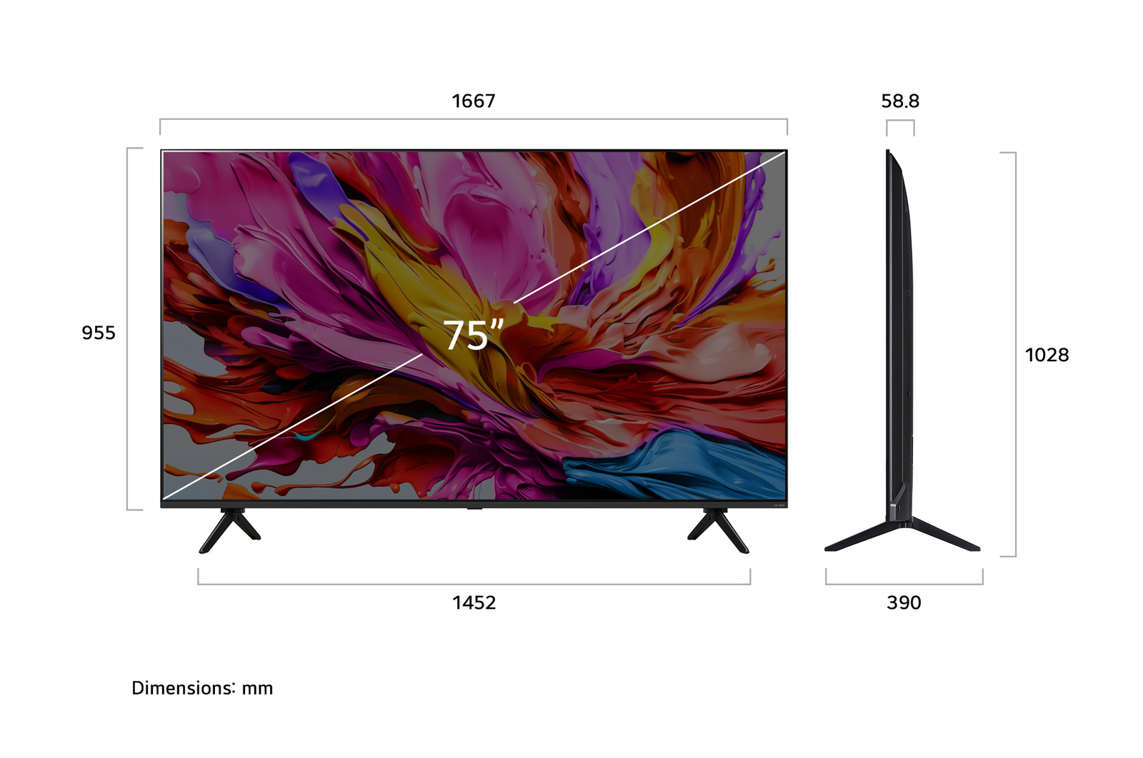Front view and side view of LG QNED evo AI qned91 4K Smart TV showing its length, width, height, and depth dimensions.