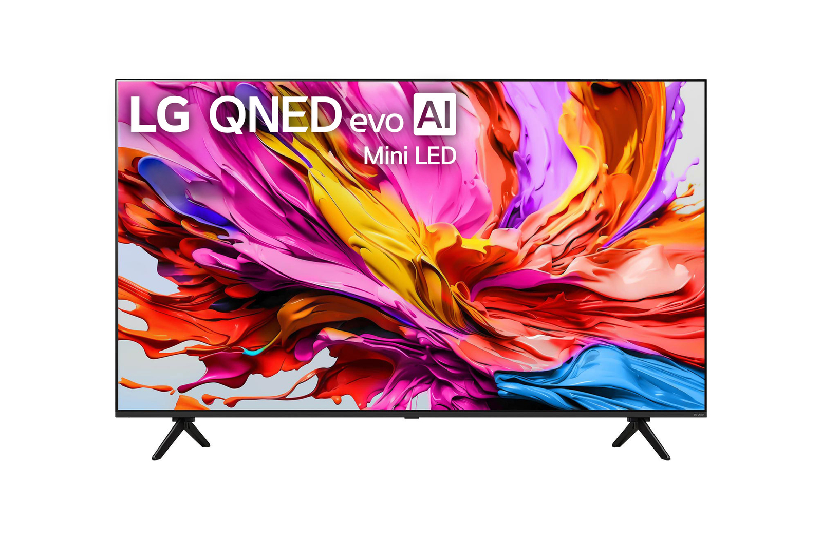 Front view of LG QNED evo qned91 TV, LG QNED evo Al Logo on the top corner. LG QNED evo TV depicts colourful paintike textures coming together.