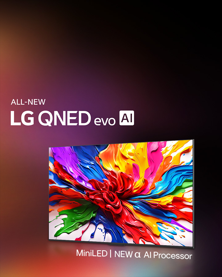 LG QNED TV against a colourful dark background. On the screen is a bright and colourful artwork that showcases QNED's colour technology and ability to display a wide spectrum of hues with great contrast. All new LG QNED evo AI logo present. With subtitles calling out QNED's MiniLED and new alpha AI processor. Title reads, Every colour Redefined, New Experience Begins.