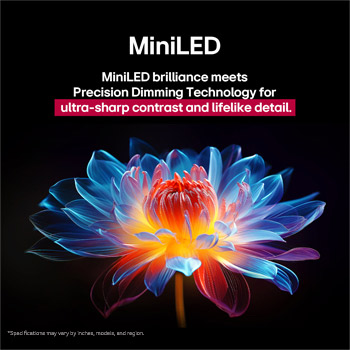 3D holographic flower in many different shades and hues against a black background. The definition and detail of the flower shows off QNED MiniLED's capability to produce visuals with exceptional color, brightness, and contrast. The title talks about how MiniLED enhances clarity and provides exceptional contrast.