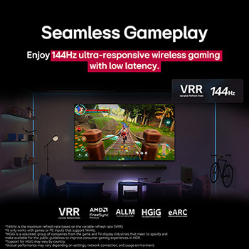 A dimly lit living room with a game screen depicted on the QNED9M. Zero Connect Box sits inside a coffee table. Text talks about 144Hz ultra-responsive wireless gaming with low latency.