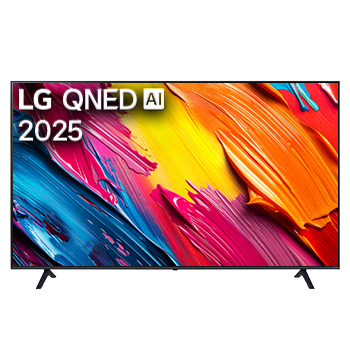 Front view of LG QNED70 TV, LG QNED Al Logo on the top corner. LG QNED TV depicts colorful paintike textures coming together.