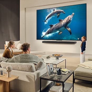 Interior of a sophisticated home. Lots of different artworks are displayed. On the center wall is an LG TV with artwork on the screen. The TV looks like a painting from a museum.
