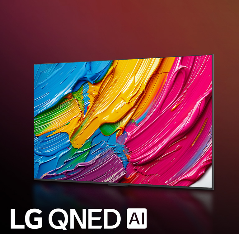 LG QNED TV against a colourful dark background. On the screen is a bright and colourful artwork that showcases QNED's colour technology and ability to display a wide spectrum of hues with great contrast. LG QNED AI logo is visible. Title reads, Every colour Redefined with Dynamic QNED colour.