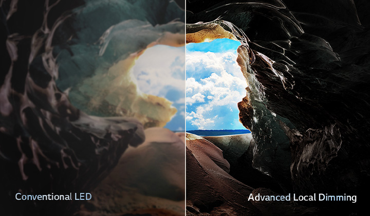 Perspective from the inside of a cave looking out to its entrance where a blue sky and horizon can be seen. The whole scene is split in half to show the capability of QNED's Advanced Local Dimming. On one side, the colors and detail are washed out and the visuals seem muddy. The label says, Conventional LED. The other side has great blacks, better contrast, brightness and color. The label says Advanced Local Dimming.