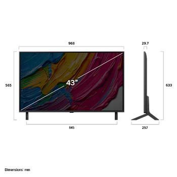 Front view and side view of LG QNED AI QNED80 4K Smart TV showing its length, width, height, and depth dimensions.