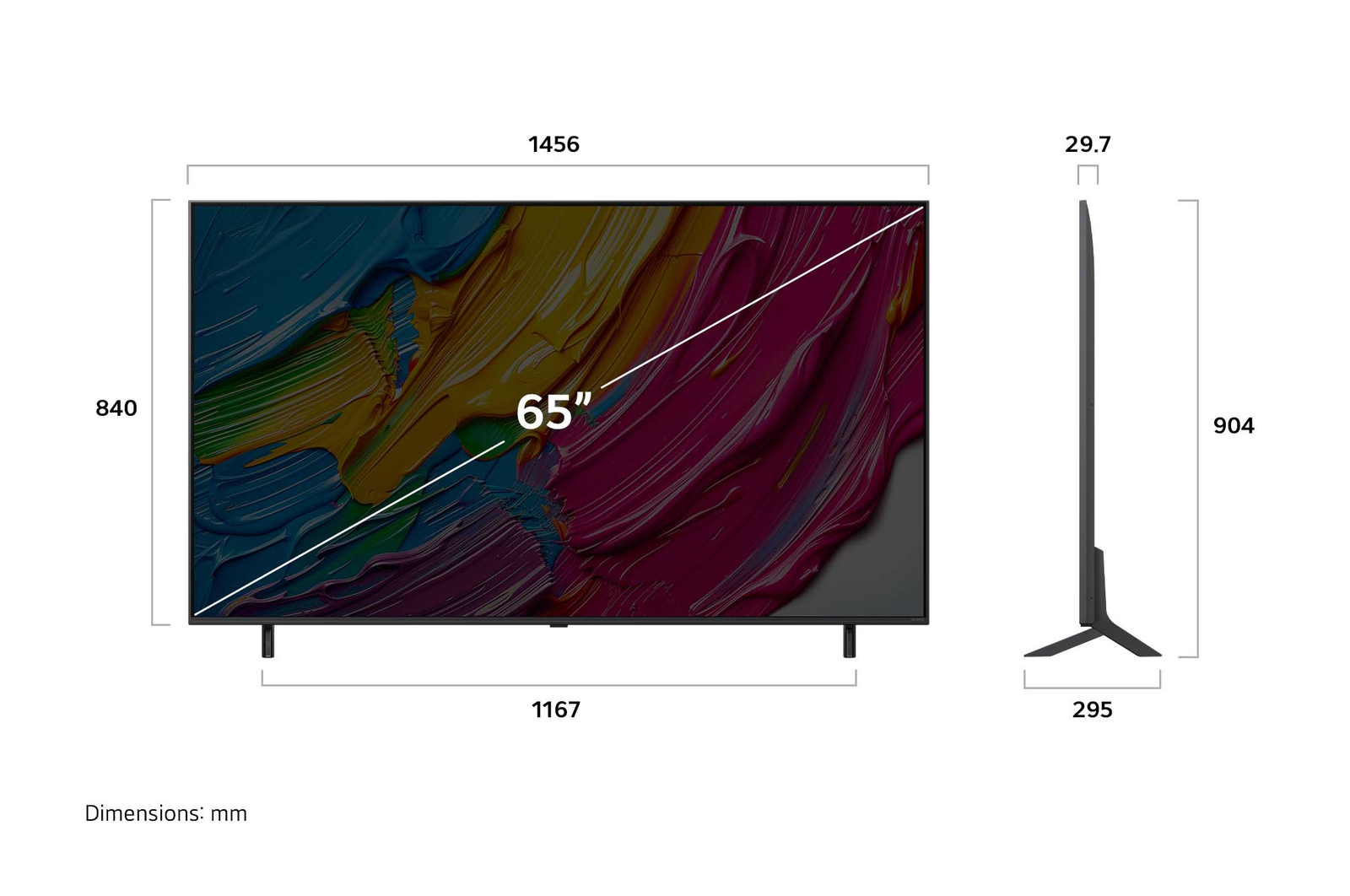 Front view and side view of LG QNED AI QNED80 4K Smart TV showing its length, width, height, and depth dimensions.