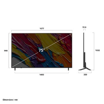 Front view and side view of LG QNED82 AI 4K Smart TV showing its length, width, height, and depth dimensions.