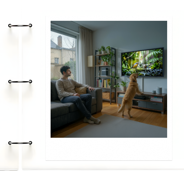 Golden retriever watching TV with its owner in a cozy living room on a rainy day