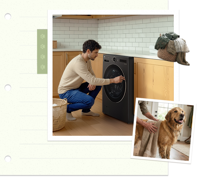 Man loading laundry into a washer while a golden retriever stands nearby in a warm home interior