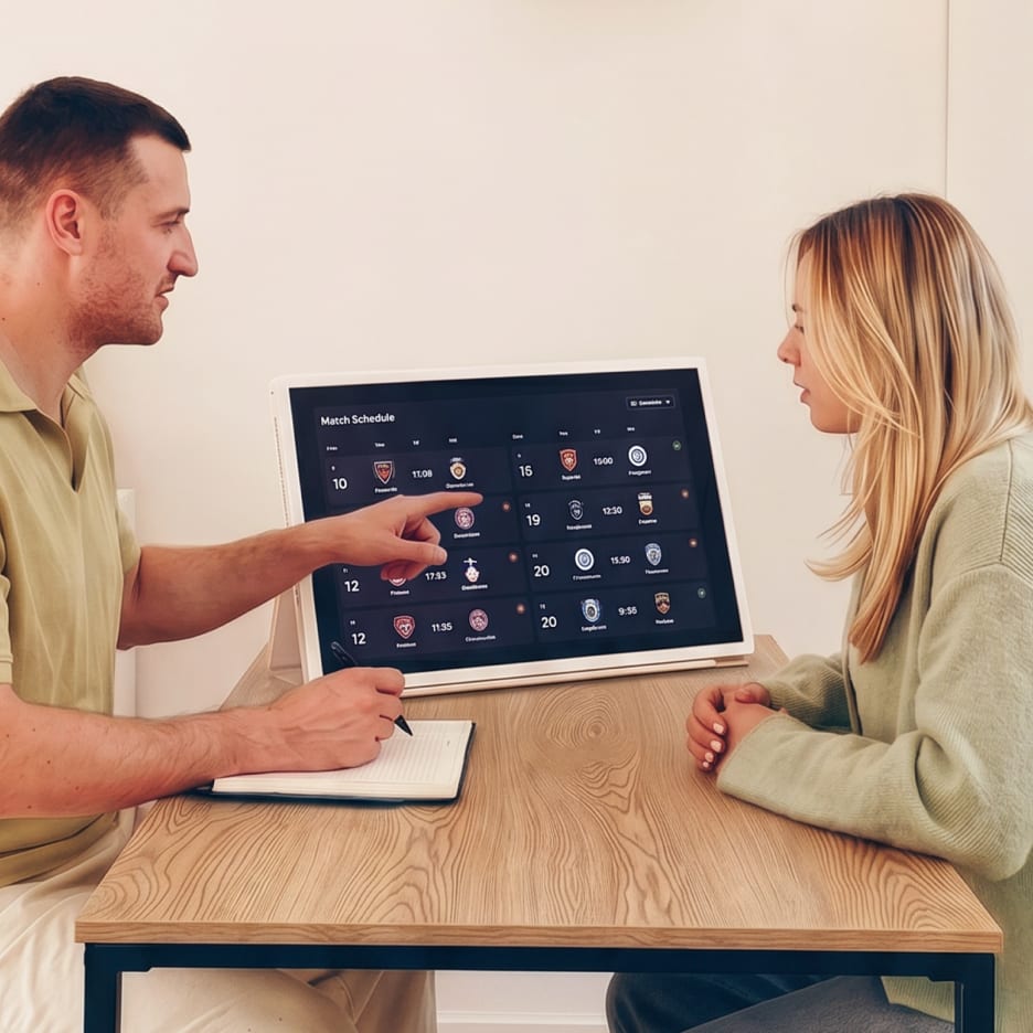 A man pointing at a soccer match schedule on a StanbyME 2 screen while holding a pen, sitting across from a woman.