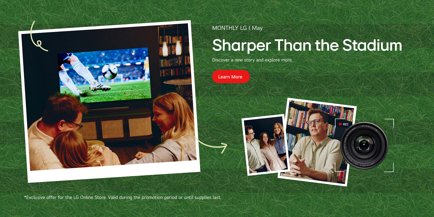 Promotional banner featuring a family watching soccer on TV, camera lens graphic, and May campaign text on a grass background.