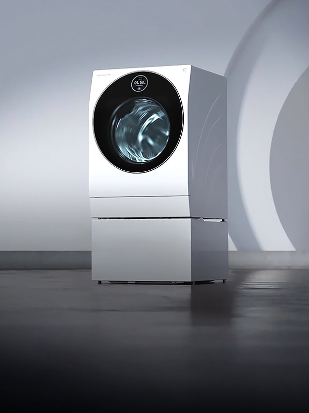 LG dryer in a minimalist setting with Low Vibration and Noise text illustrates the Centum System for quieter operation.