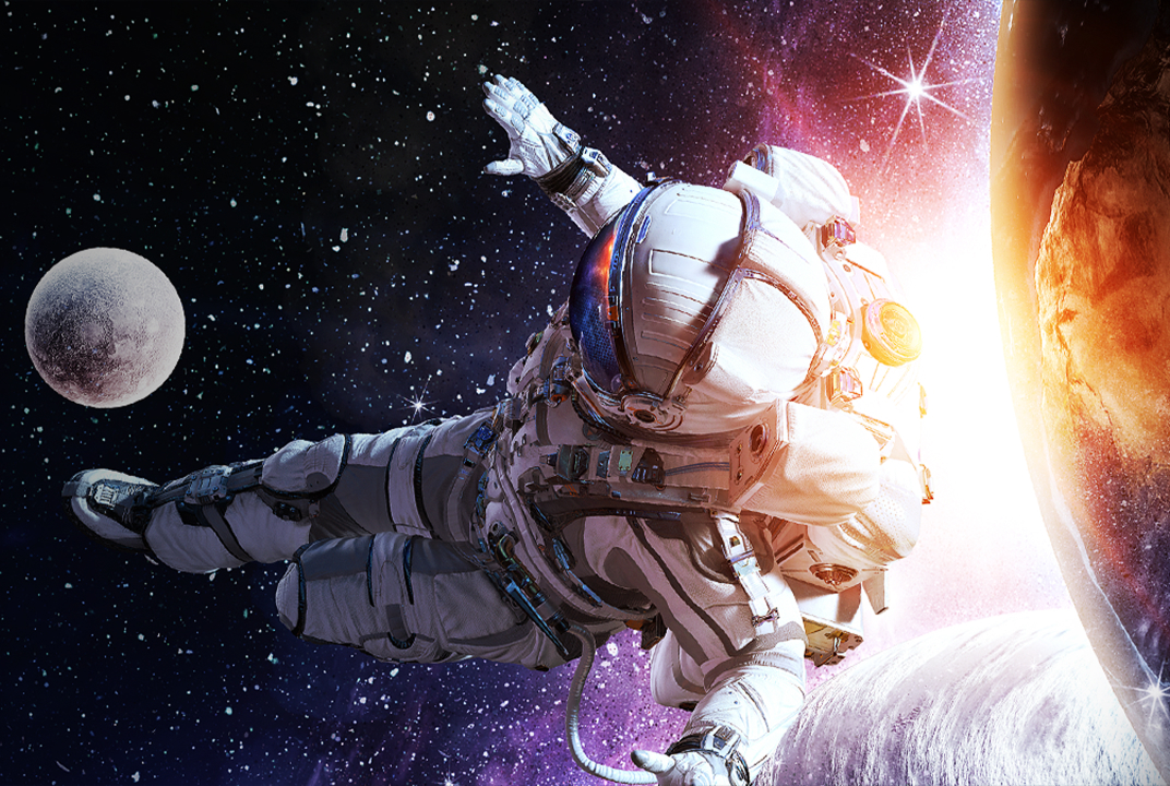LG monitor showing an astronaut against deep black space and bright sunlight illustrates contrast ratio between dark and bright areas.
