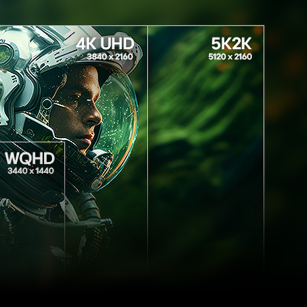 LG monitor dividing an astronaut image into FHD, QHD, WQHD, 4K UHD, and 5K2K sections illustrates resolution.