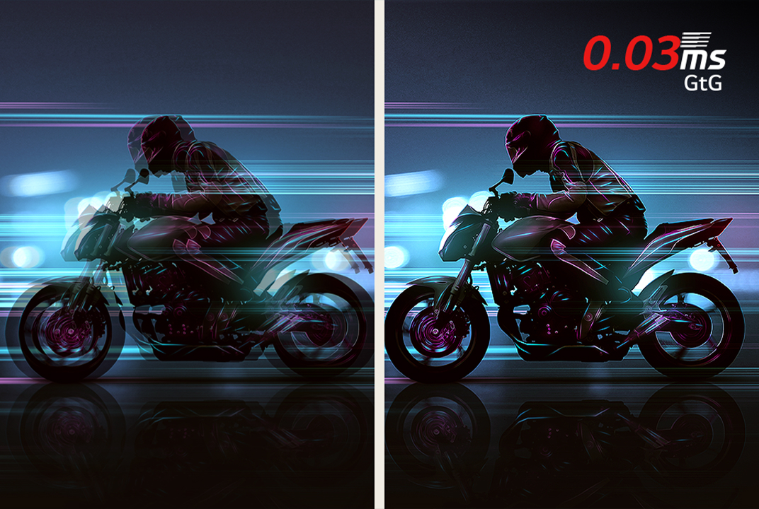 LG gaming monitor comparing a blurred motorcycle image with a sharper 0.03ms GtG view illustrates faster response time and less motion blur.