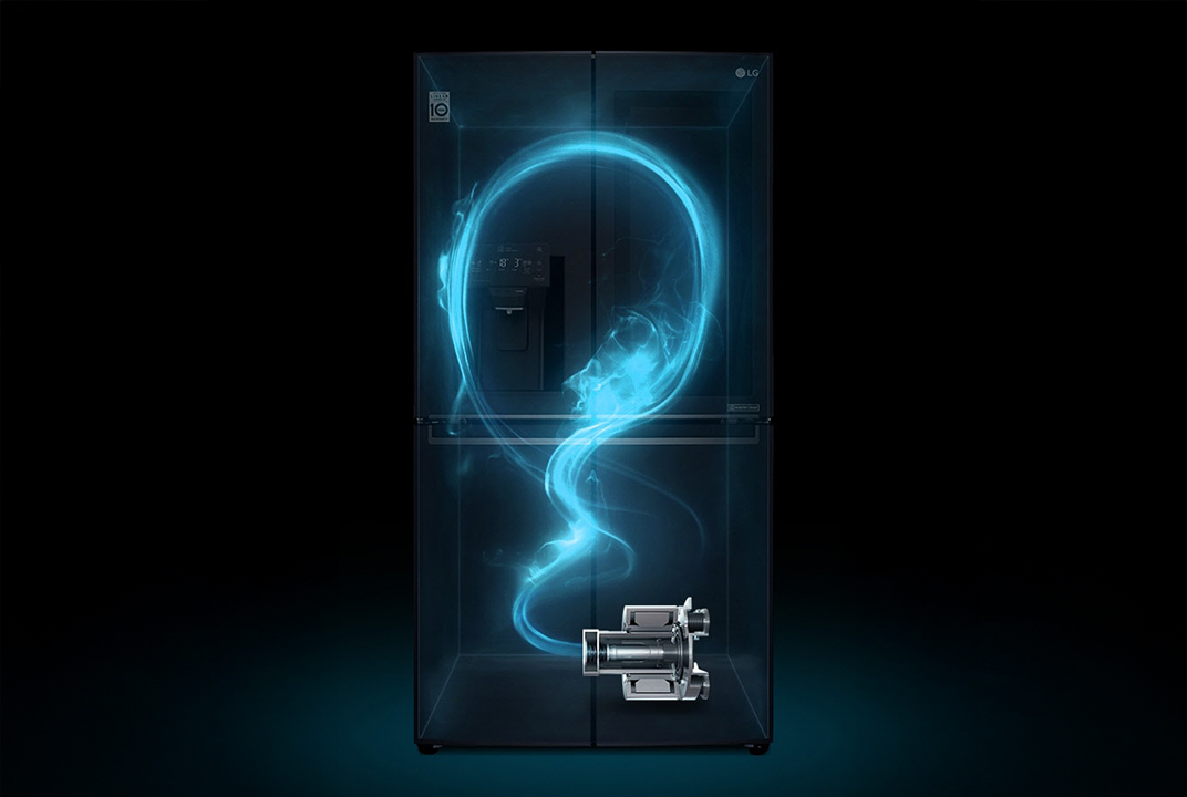 LG refrigerator illustration with blue airflow swirling beside a compressor unit illustrates inverter compressor performance.
