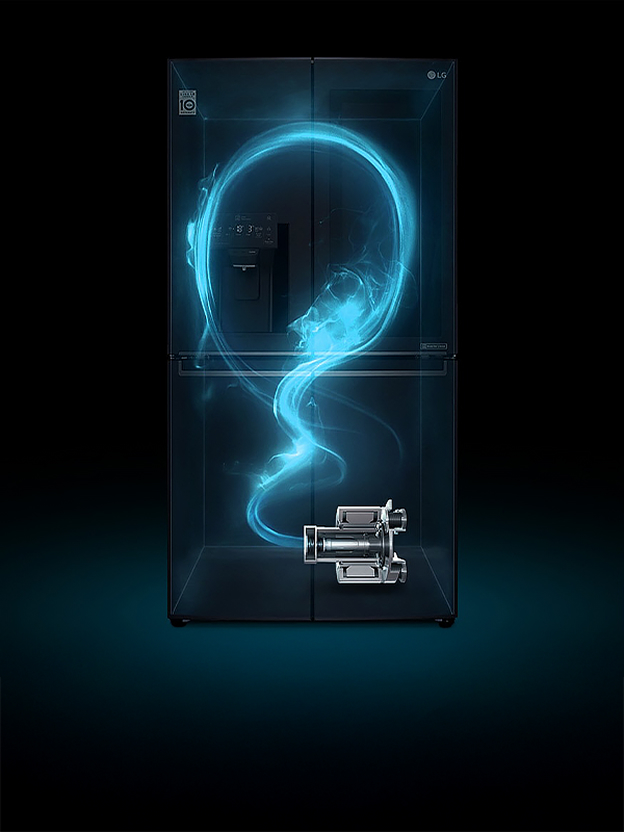 LG refrigerator illustration with blue airflow swirling beside a compressor unit illustrates inverter compressor performance.