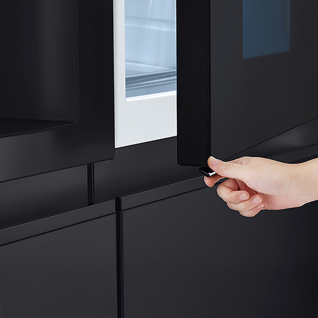 LG refrigerator with the outer door opened and a hand pressing the button illustrates Door-in-Door quick access.