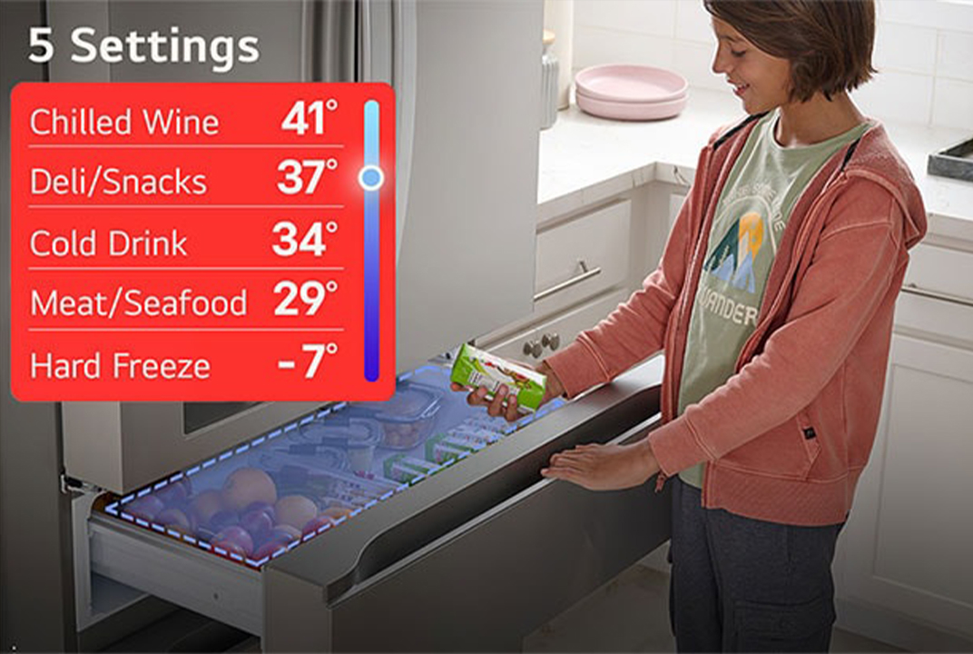 LG refrigerator drawer opened by a user with five temperature settings for wine, snacks, drinks, meat, and freeze illustrates the Full Convert Drawer.